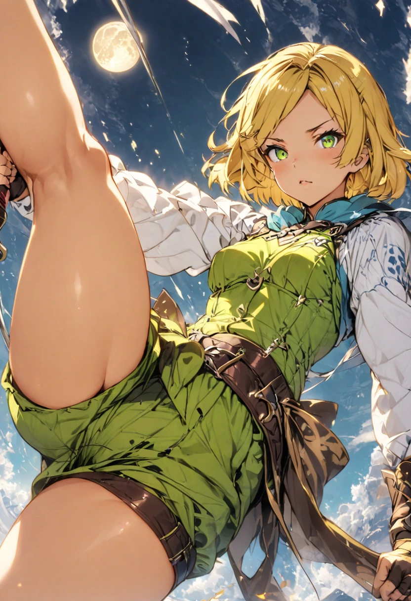 Ultra-high definition image quality、beautiful girl、Female Swordsman、Light Armor、Green Boots、Long Hair、blonde、20-year-old、have confidence々face、Very short tight skirt、Sexy stance、Cowgirl、wilderness、Highest quality,Big Ass、Big Breasts、Thighs、Grasping the hilt of the holy sword Excalibur、Pure white, luxuriously decorated panties、Jump with big strides and kicking off with your feet、Joan of Arc style clothing、Wind King Barrier、Her hair is fluttering in the wind、The Sword of Promised Victory、god々Wearing a new aura、Big Ass、Valkyrie the War Maiden、Crotch close-up、Angle from directly below