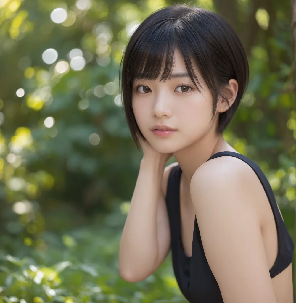 ,Ultra-realistic capture, Highly detailed, High resolution 16k close-up of human skin. Skin texture must be natural, With such detail that pores can be finely identified. Skin should look healthy, In a uniform tone. Use natural light and color,mix4, 20d, solo, short_hair, shirt, high_heels,full_body, look_at_viewer, (8k, RAW photography, top quality, masterpiece:1.2), (realistic, photorealistic:1.37), professional lighting, photon mapping, radiosity,physically based rendering,(Best Quality,4K,8K,hight resolution,masutepiece:1.2),Ultra-detailed,extremely detailed eye and face,Beautiful detailed eyes,Beautiful detailed lips,long eyelashes,((Realistic)),Photorealistic:1.37,japanes,fine-grained white skin,((Dark blue pleated skirt)),beautiful and magnificent composition,Marshmallow-like skin,masutepiece,Attractive,Posing for a photo,Cute,Dark blue high socks,((Silver hair color)),silky smooth and straight hair,(tank-top),Outdoor on a sunny day,healthful,(with round face),Photographing the whole body,(Full-body photography from a distance:1.4),
