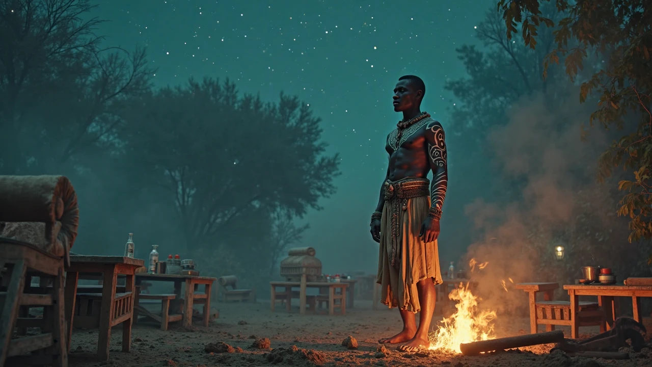 Create a realistic picture of  The early morning light casts long shadows as Kofi, a young warrior from the Mountain Tribe, sharpens his spear by a small fire. He is muscular and determined, wearing traditional mountain warrior attire—leather and metal armor with intricate tribal patterns. Behind him, the rugged mountains rise majestically, their peaks touching the sky. The firelight reflects off Kofi’s focused face, revealing both his strength and the burden of living up to his father’s legacy. In the background, his mother, Nia, approaches with a worried expression, her face lined with age and concern.2. Amani in the Valley 