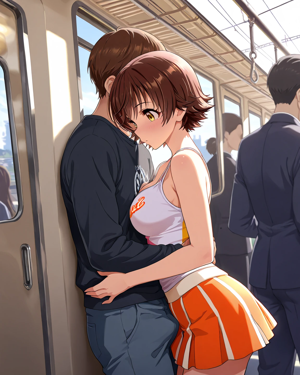 One man,(man in Prague:1.5),( middle aged man:1.5),(man is penis:1.3),penis is erect,perfect penis shape、Man is 30 years old、man is smile、(man is fullnude:1.5),2 girl, pretty girl , (brown hair with natural bright luster:1.5),(let bangs fall:1.2),(on the train:1.4),  face to face, full_body, (smile:1.2),beautiful girl,short ponytail、handjob,(standing:1.8),(cowboy shot:1.2),(girl is fullnude:1.9),