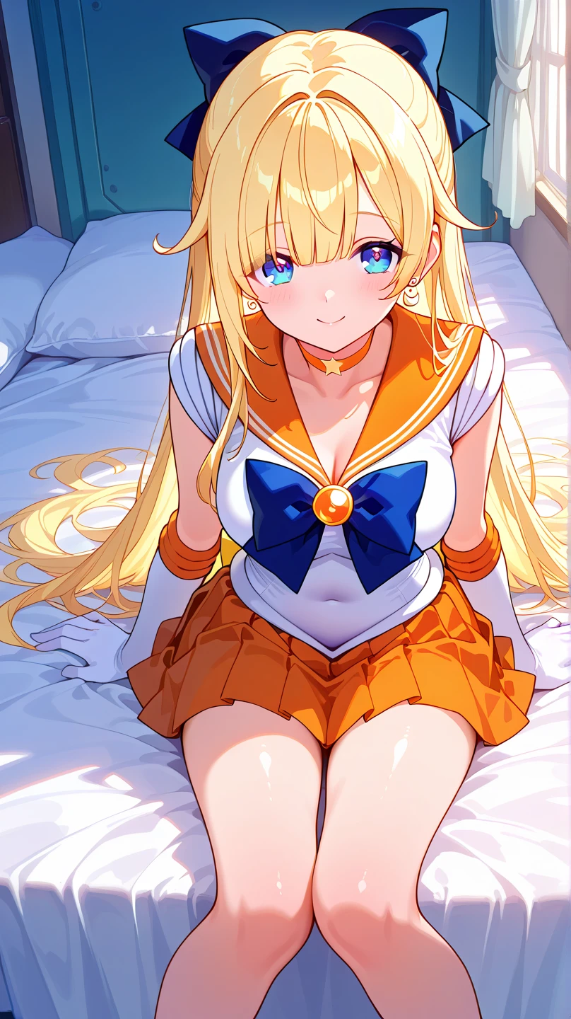 (A superb exquisite Sailor Venus), (Sailor Venus:1.5), (aino minako), (Sailor Senshi Uniform), (red ribon), blue eyes, Yellow hair, natural straight hair, straight bangs, solo, nature, extremely delicate, straight facial features, peerless beautiful girl, soft, (sensual face), ((ecchi face)), dreamy quality, exaggerated facial features, solid color, frank holly, delicate face, bright lips, slender waist, soft curves, real light and shadow, super fine, 4k, natural moving, Ultra high resolution, (masterpiece:1.2, best quality), (finely detailed beautiful eyes: 1.2), (beautiful detailed face), sexy nude model, sexy pose, (midium chest), (Perfect Body Proportions), (bedroom), Mekosuji, Spread your legs a little and show off your crotch,