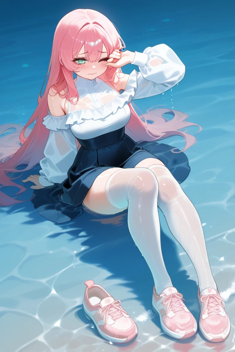 Masterpiece（（tmasterpiece）），（white short blouse），（（black micro skirt）），（White transparent stockings），（No shoes on），adolable，Raised sexy，is shy，（Long pink）Hair，red bowtie，head gear，long leges，（At the bottom of the sea），Open navel