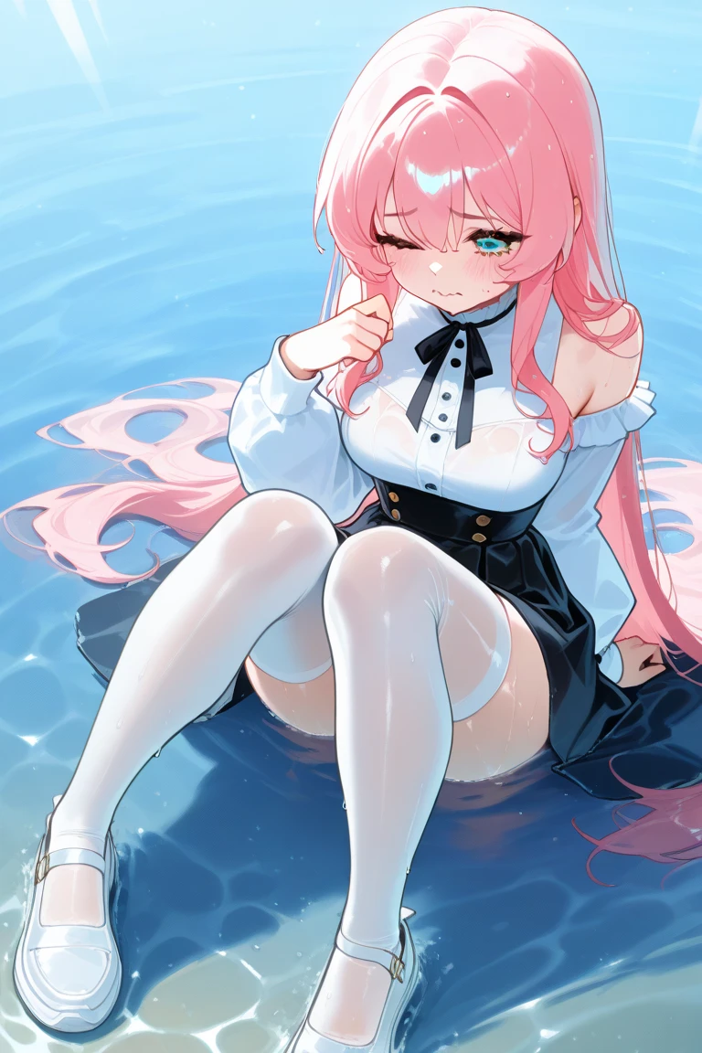 ((Best quality)), ((masterpiece)), (detailed), (In detail) naked 02 (Darling in France) in a big wet pink skirt in black tights and pink heels, pink long hair, cum on chest, At the pool , cat ears, shows