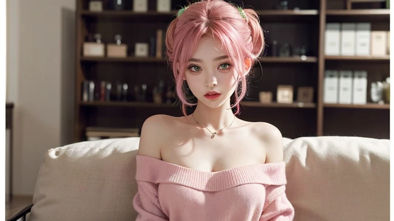 masterpiece, highest quality, 1 girl, naked shirt, shirt tug, shirt, off shoulder, ponytail, Sweaty armpits, Large and big boops, naked body, look at viewer, pink nipples, wear thin clothes