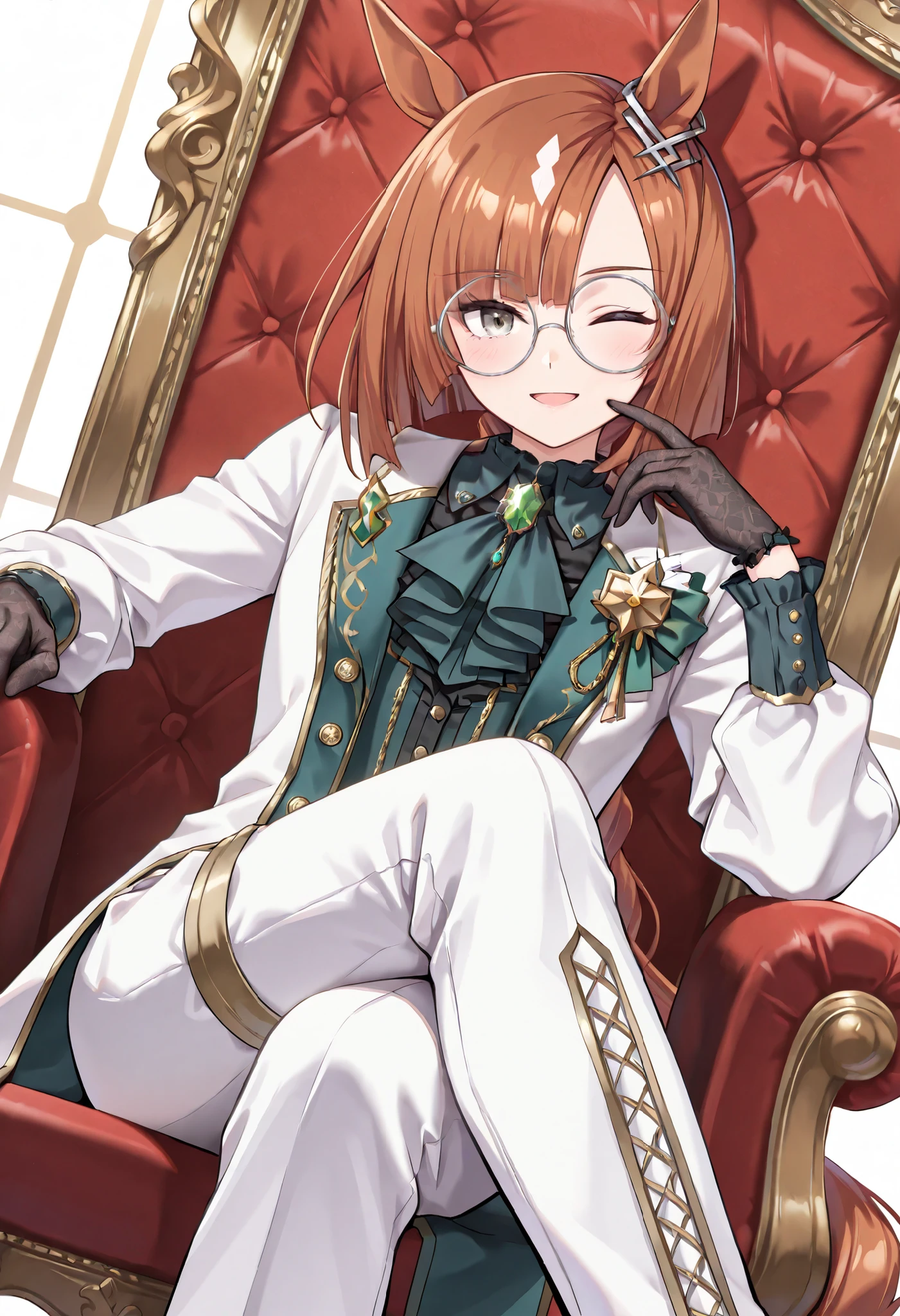 (masterpiece, best quality, perfect face:1.4), wide angle, ikuno dictus \(umamusume\), 1girl, glasses, round eyewear, horse ears, ear ornament, horse tail, tail on the lower back, proportional body, proportional,1 girl, beautiful hair, beautiful face, beautiful detailed eyes, beautiful clavicle, beautiful body, beautiful chest, beautiful thigh, beautiful legs, beautiful fingers, looking at viewer, BREAK, black lace gloves, white pants, ivory lace-up thigh boots, collared shirt, long sleeves, ivory tailcoat, ivory vest, teal ascot, green brooch, official alternate hairstyle, white formal shirt, BREAK, sitting, on a throne, legs crossed, elbows on a chair, hands on cheeks, BREAK, blush happy smile (open mouth), one eyed closed, textured skin, realistic skin, HDR, BREAK, good hands,