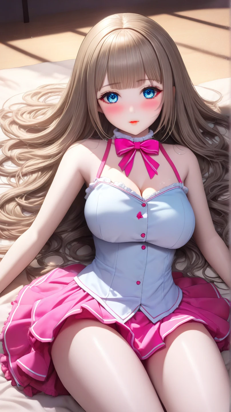 from below, high image, super detail, high resolution, anime, manga, illustration, super very beautiful woman, , make up, ecstatic expression, amorous expression, seductive look, glossy flowing layered messy light brown wavy medium hair, sparkling big blue eyes, alluring moist red lips, large breasts, under boob, side boob, great proportion, perfect proportion, slender, full body, skirt lift, lace light blue panty, lace white long dress, white fluttering long skirt, black knee high socks, thighs, garter belt, lingerie