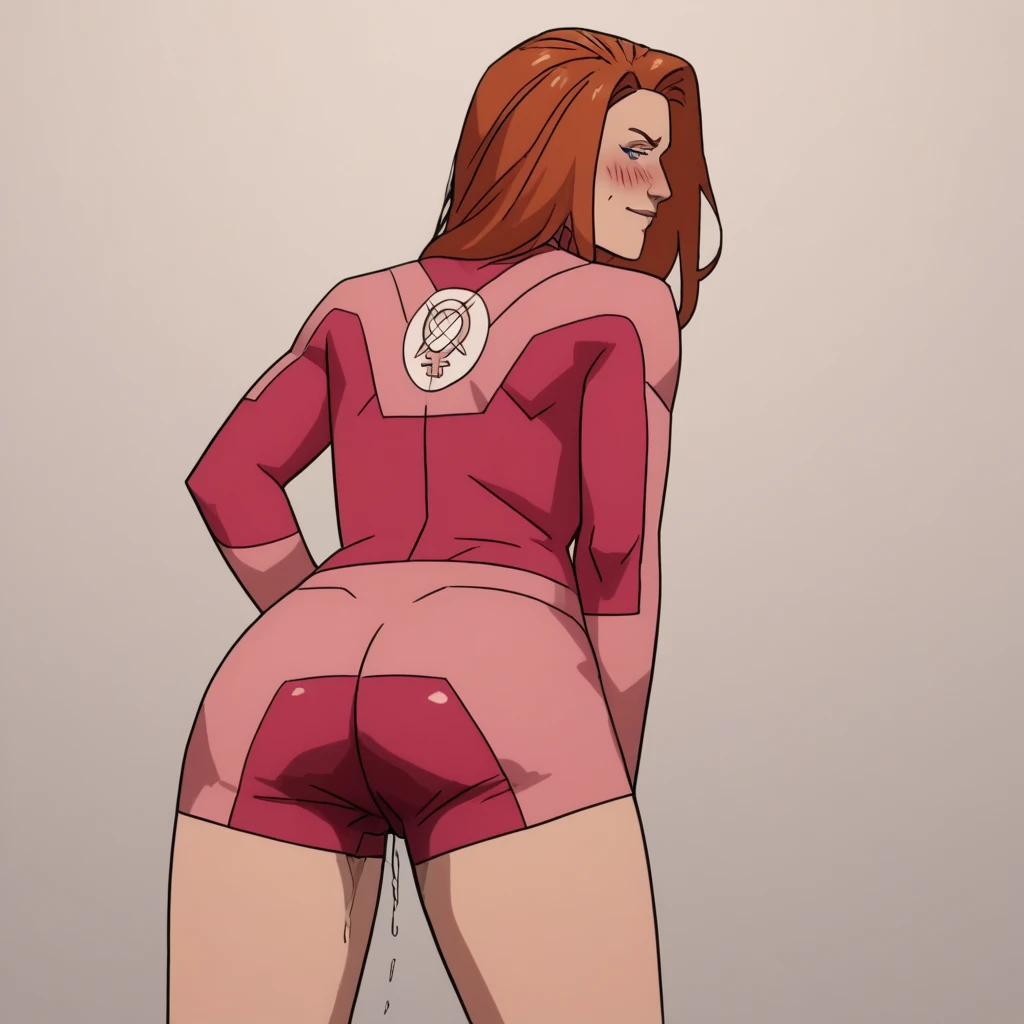 Red haired Latina, pulling up big white cotton panties, turnaround, asking the question "my butt isn't that big, is it?" in a speech bubble, green eyes, comic book art style, intricate details