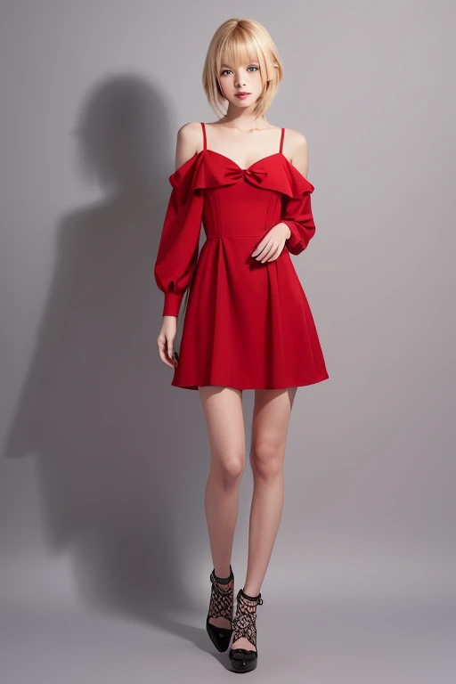 A beautiful woman in a red Christmas dress，Full body photo。Realisticstyle，High quality detailing，4K