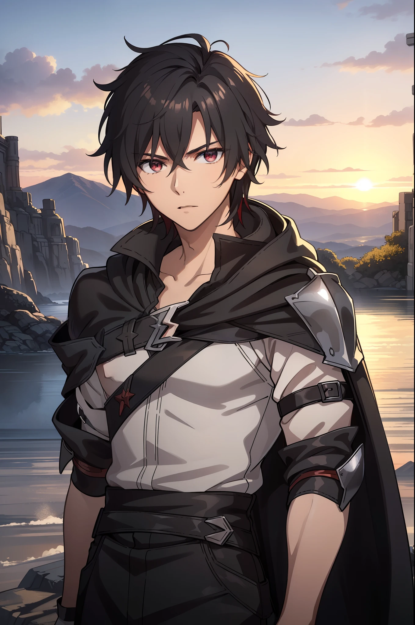 (high-quality, breathtaking),(expressive eyes, perfect face) 1boy, male, solo, young adult, Symmetrical Eyes, portrait, black hair, red eye color, short hair length, messy loose hair, neutral expression, soft smile, white shirt, black cloak red trim, fantasy attire, adventurer profession, sunset sky, summer theme, armor, cape

