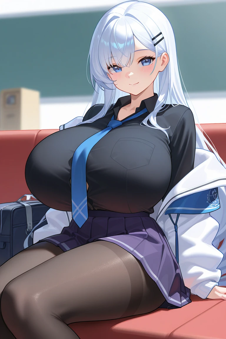 (((masterpiece))), ShizukaMikazuki, One Girl, alone, View audience, Long Hair, Gray Hair, Long sleeve, Cleavage, Large Breasts, Mature Body,clavicle, Jacket, Open clothes, open Jacket, blue Jacket, Ground vehicles, Play sports often, bicycle,blue eyes, High Ponytail, The look of temptation,Embarrassed face