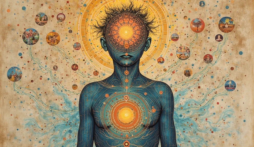 Create a woodcut style image digital art surreal art that depicts a mystical figure with divine characteristics,GOD,connected with the astral, symbolizing control and harmony with the universe. Use a vibrant color palette, including blue, oranges and whites, to create heavenly contrast and a stunning visual effect,The figure shows the frequency