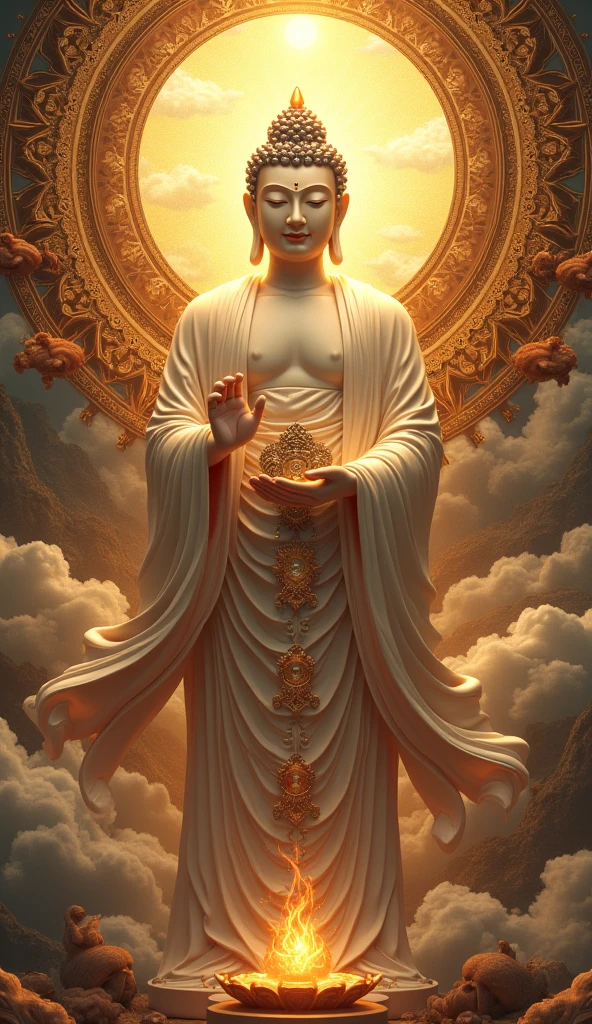 Close-up of a human statue against the background of a sky blank cloud, a Buddhist Buddha, Buddhism, Buddha, Buddhist, Beautiful image, samsara, personal profile picture, Zen, enlightening, 4 0 9 6, buddhist art, dharma artifacts, Avatar image, attractive male deity, Zen meditation, Peaceful, leaked image, On the road to enlightenment, Karma for tomorrow。Facial fullness, peaceful expression,Realphotos,8K quality,hyper HD,Live-action effect