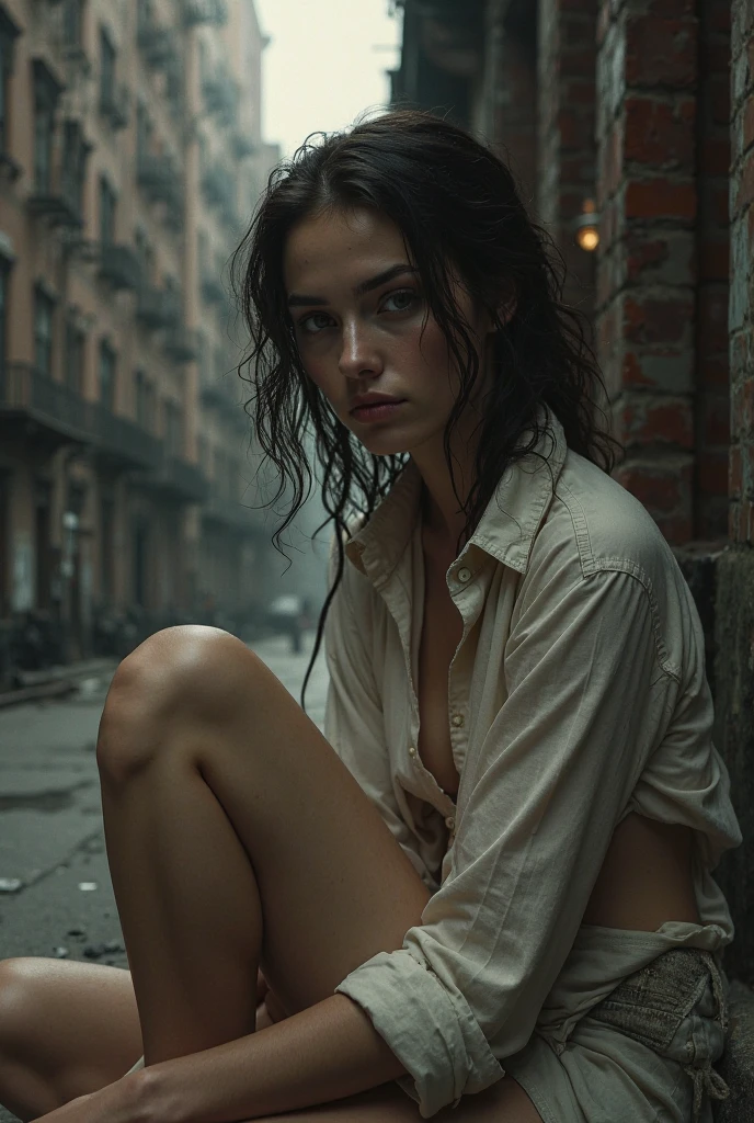 (Nathalie Portman), Ultra realistic photography, ultra detailed 8k, sharp photography, wide angle, full body, in an overflooded manhattan street at night, thunders, small american brunette, hazel eyes 14 years old, slender body, wet body, very detailed face, escaping, frightened, apocalyptic vibes