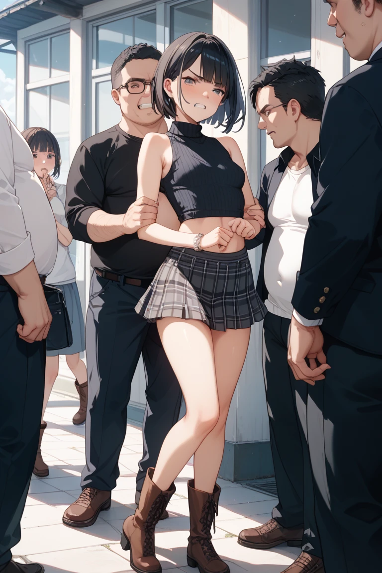 1 girl, men, 1 face, standing, (girl in skinny tight navy jeans), (long jeans), (navy jeans), ((jeans ass)), slim, slender, 17 years old, (short bob cut), ((black hair)), bangs, nose blush, full opened eyes, round mouth, drool, orgasm, (white hoodie), (((embarrassed))), hard sweat, big ass, ahegao, detailed girl’s face, blue eyes, train interior, crowded train, girl hold on to a strap, (girl’s arms up), pov, japanese, detailed jeans, ((molestation)), (((man put hands on girl’s crotch))), detailed cloth, high quality, small breast