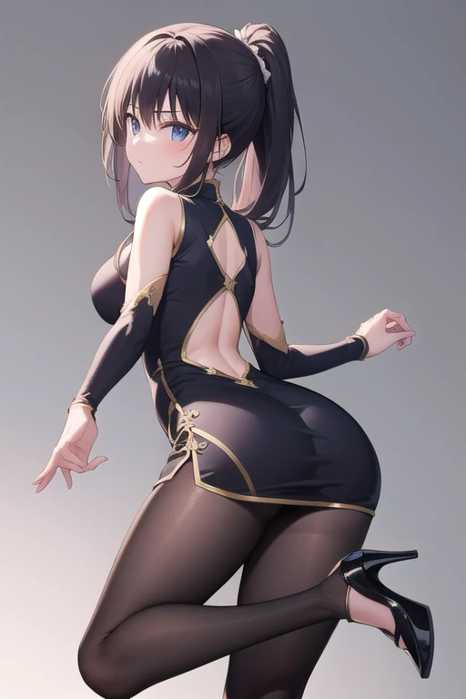 Close-up de uma mulher posando para uma foto em uma roupa de coelhinha, rabo de cavalo loiro, olhos azuis, fenda alta, traje apertado, translucent socks, Timidez, suar, embebido todo, bochechas ruddy, small curvaceous loli, vista posterior, from behind