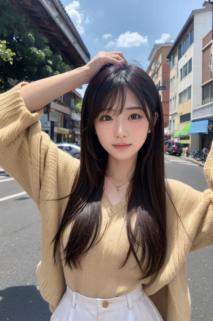 ((cute japanese girl、Beautiful Japanese Girl、One girl、19 years old、ponytail、Highly detailed face and skin texture、Ultra detailed face、Ultra-detailed eyes、Red、blush、front、 cute、Highly detailed face and skin texture、Smooth white skin、Translucent skin texture、))、(Dark Brown Hair)、looking at the camera、Sharp Focus:1.2、Beautiful woman with perfect style:1.4、Japanese Model、((highest quality、8K、masterpiece:1.5、1Photos))、(4K、RAW Photos、highest quality)、Place people across the entire screen、Natural light、professional lighting、(Realistic、Photo realistic:1.5)、 Young Gravure Idol、Cute Gravure Idol、Real Gravure Idol、A sophisticated gravure idol、