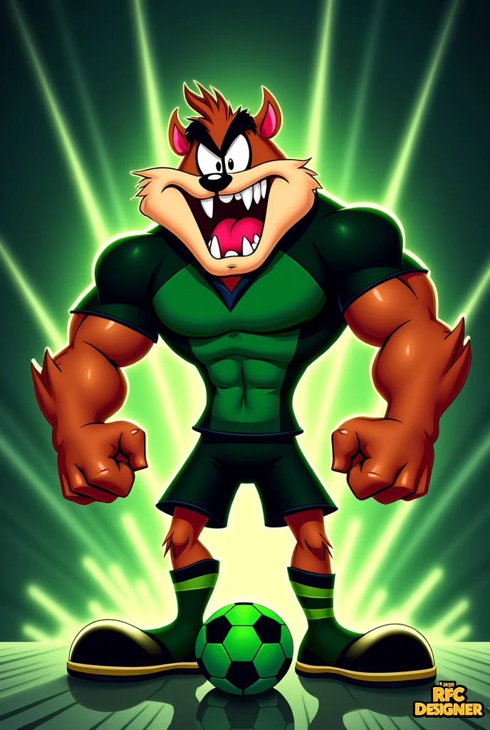 Dog for medical school athletic mascot, muscular with bulging veins, With an angry expression, with petroleum green clothing and metallic gold details, art style cartoon, in png with nothing in the background