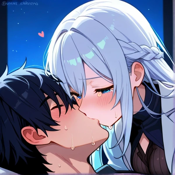 (absurdres, highres, ultra detailed, HDR) master piece, best quality, Neuvillette, white hair, expressive blue eyes, genshin impact, having sex, gay, yaoi, room, night, bed, fireflies, cum, dick, horny, lewd, doggystyle, solo