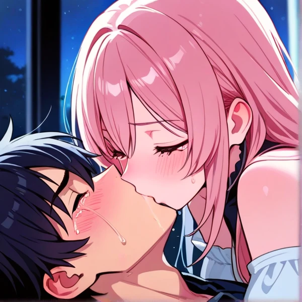 Masterpiece, best quality, highres, couple, netorare, 1boy, 1girl, kissing, tongue, french kiss, upper body face, close up, from side