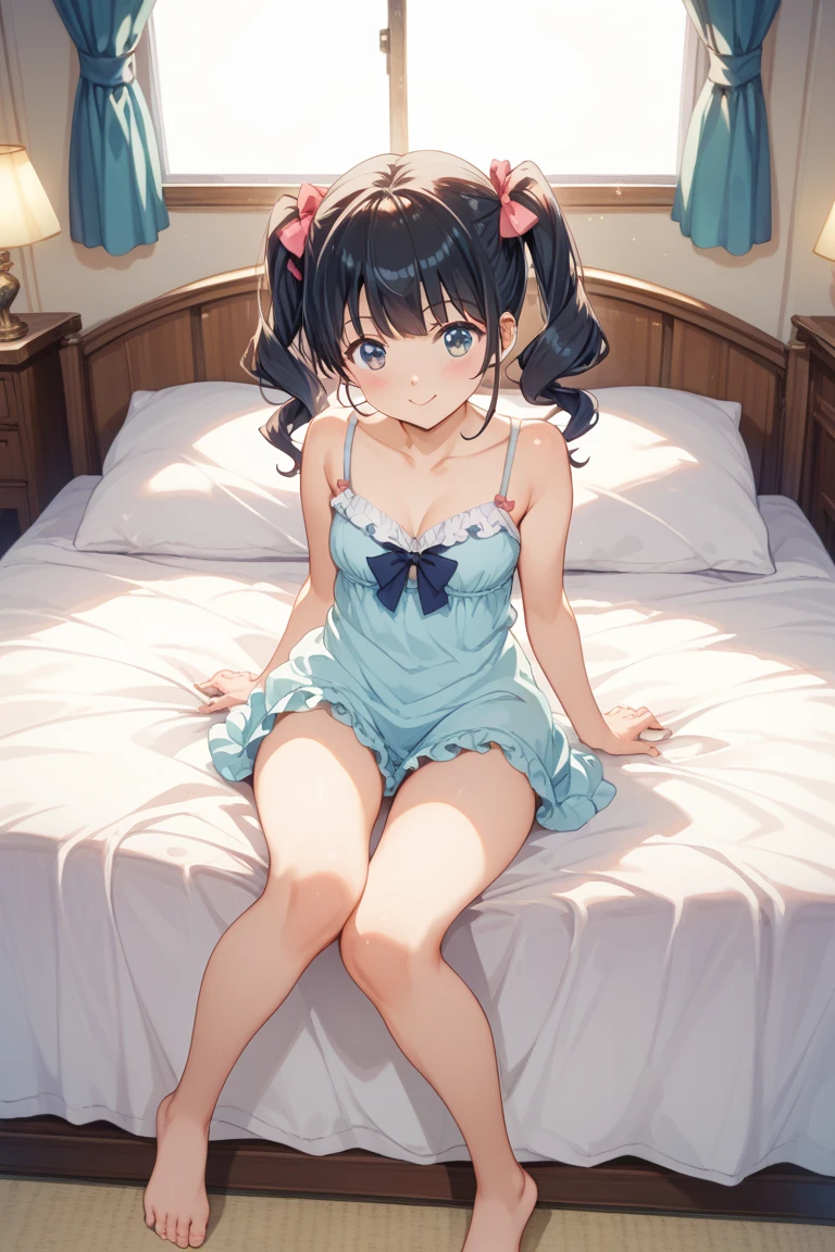 Hands behind back,Tied up with hands behind back,front view,1girl,Beautiful girl at 13 years old,Japanese,Slender,small breasts,Baby Face,Small face,Black Hair,Row Twin Tails,Gray Eyes,Drooping eyes,middle School girls,A transparent black and blue negligee,Sexy Lingerie,open mouth,tongue out,front face,Kneeling,Put your chin forward,Beautiful and detailed anime art,A mischievous smile,front view,high angle, looking at viewer, looking ahead, from above,face focus,Sexy vibe,cum on tongue,Dimly lit room,On the bed,Love Hotel,Soft lighting,Simple room
