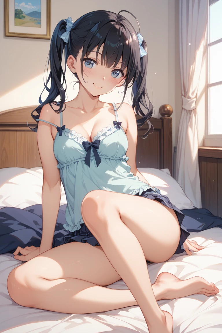 front view,looking at viewer, looking ahead,from above,cowboy shot,1girl,Beautiful 11 year old girl,Japanese,Slender,,low length,Small breasts,Thin legs,Small Ass,Baby Face,Small face,Black Hair,Row Twin Tails,Gray Eyes,Drooping eyes,middle School girls,A transparent black and blue negligee,Sexy Lingerie,open mouth,tongue out,front face,Kneeling,Put your chin forward,Beautiful and detailed anime art,naughty smile,Sexy vibe,cum on tongue,Dimly lit room,On the bed,Simple Background,Gray background,Pink lighting,finger to mouth