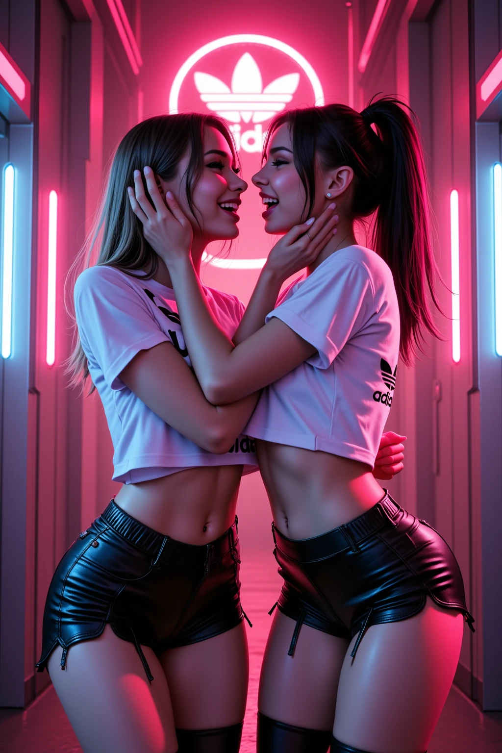 (ExtremelyDetailed (Stunning Girls (with Beautiful face))) Radiant PearlSkin with Transparency, Flashing Red(beltbra) and Skinny Shorts, BigBoob . PerfectLighting, Blurred ColorfulLights at Dusk City, Starry Particles, (((SFW)))