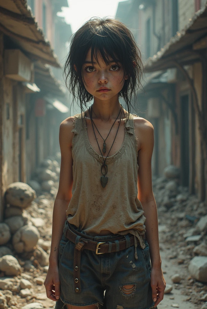 In a post-apocalyptic wasteland, a narrow and desolate alleyway becomes the haunting backdrop for two figures making their way towards the camera. Both women bear the scars of their survival, their clothes torn and tattered, their faces smeared with dirt and blood. The first woman, a 30-year-old warrior, leads the way with a fierce determination in her eyes. She carries a worn weapon, a symbol of her resilience and resourcefulness. The second woman, her 14-year-old daughter, walks beside her, clutching a smaller weapon of her own, a testament to her growing strength and survival instincts. The alleyway is a grim sight, with broken and crumbling walls, debris strewn across the ground, and signs of past battles etched into the surroundings. The air is heavy with tension, a constant reminder of the dangers that lurk in this unforgiving world. Their intertwined hands reflect the unbreakable bond that has formed amidst the chaos and the shared determination to overcome the odds. Photography, using a wide-angle lens to capture the gritty details of the apocalyptic setting, f/2.8 aperture for shallow depth of field