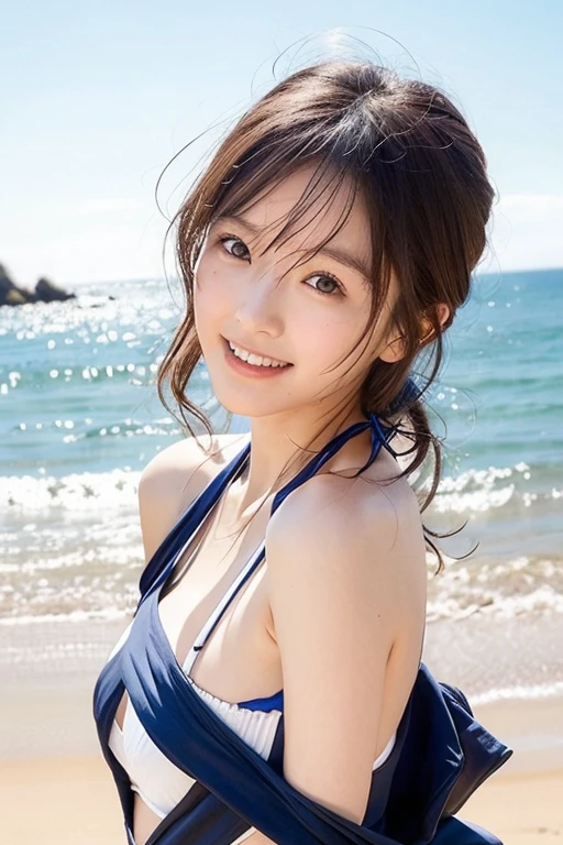 masterpiece, Highest quality, figure, Very detailed, In detail, High resolution, 8k wallpaper, Perfect dynamic composition, Beautiful attention to detail, Beach, summer, yukata, Long Hair, Relaxed pose, cute, smile, looking at the camera