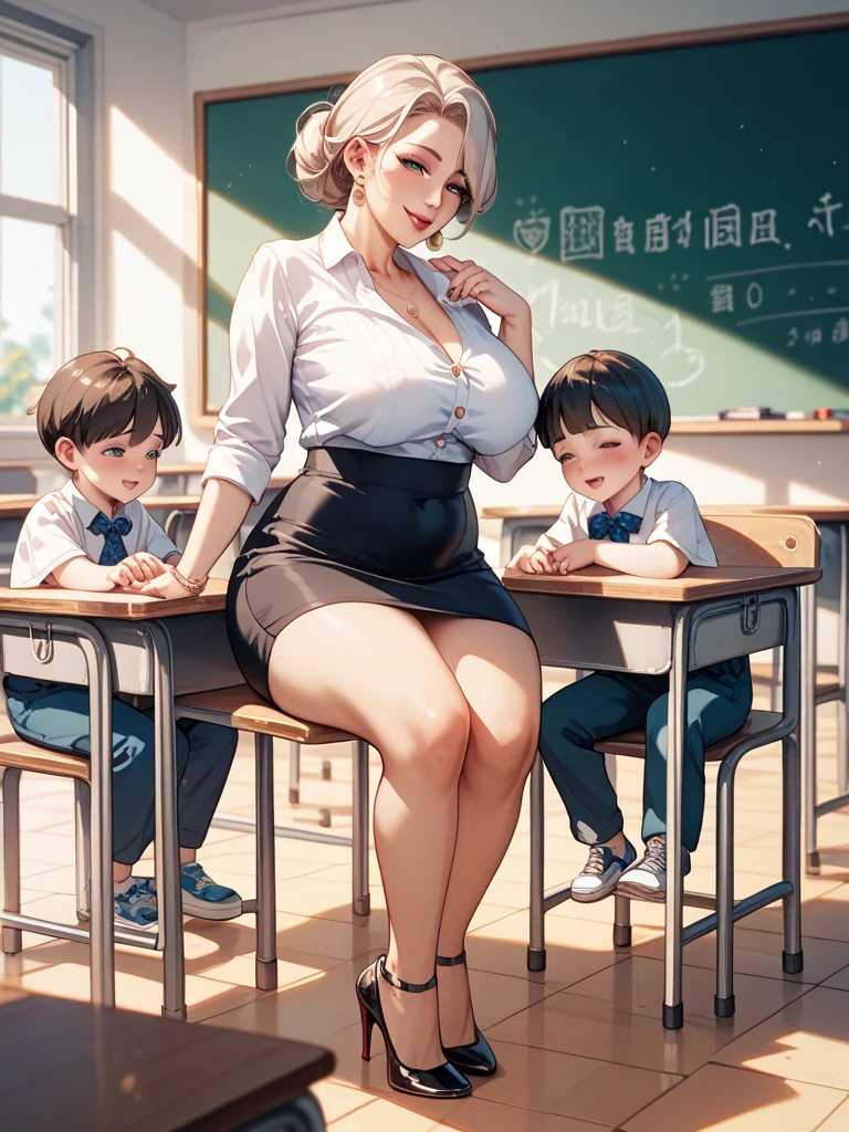 cartoon of a professeur sitting at a desk with a group of children, sitting in the clcommesroom, in a clcommesroom, dessin animé 3D, comme a strict school professeur ), professeur, school clcommes, !!posant_comme_lcommet_souper, assise à son bureau, Écolière réaliste, clcommesroom background, in a school clcommesroom, NSFW, assise, de face, lunettes nerds, upskirt, décolleté profond, chemise ouverte jusqu'en bas, chignon très serré, une mèche libre, camel toe, hard nipples see through, open mouth smile, hug, braless, red shirt, black mini skirt