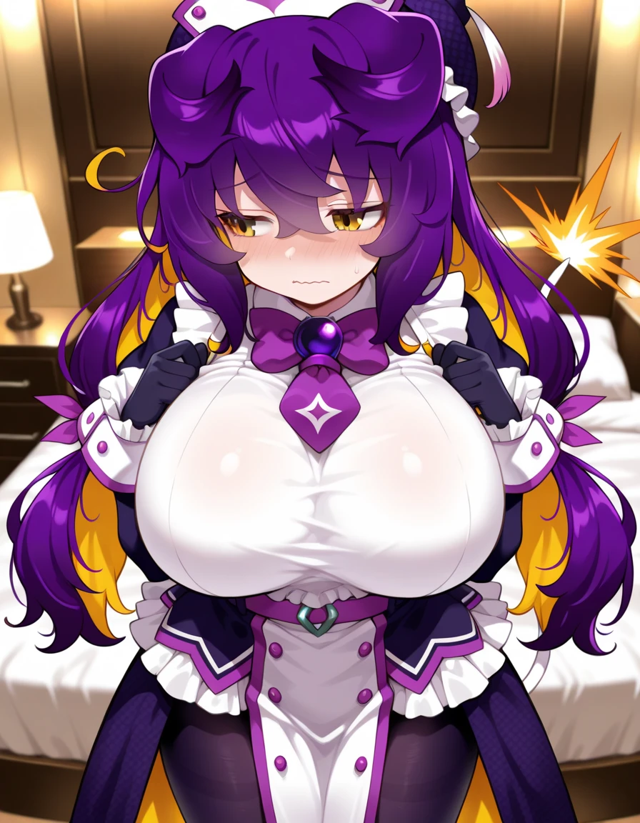 NSFW,masterpiece,Highest quality,High resolution,Super detailed,utenaxl、short hair、Purple Hair、Ahoge、Yellow Eyes、+.+、Hair between the eyes、Yellow Devil's Horn、Devil's Wings、Purple Pasties、Star Pasties、Puffy sleeves、Bridal Gauntlet、紫のBridal Gauntlet、belly button、Low leg pants、Purple Pants、breastless clothes、corset、白いShowgirl skirt、Showgirl skirt,(Oho face),Embarrassed,blush,Leg spread,excited,Estrus,orgasm,Trembling,(Climax),(Squirting),(Ahegao),Roll your eyes、squint,Middle-aged men,(Having intense sex),Insert,Creampie,Love Hotel at Night,bedroom,(Sex slave),dorsal position