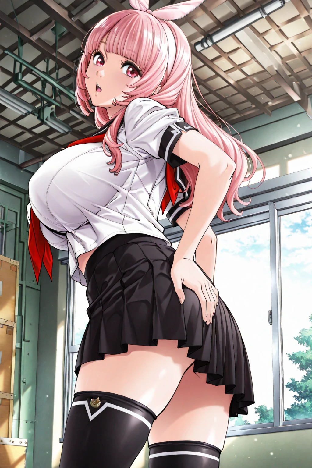 Nakano Nino、A pink-haired、Colossal tits、butterfly hair ornament +++ 1girl in, 独奏,18year old ((tall)) (Slim body) (((large full breasts)))++++ Thigh School Uniform+++ Mini skirt big buttocks+++ Rear view+++