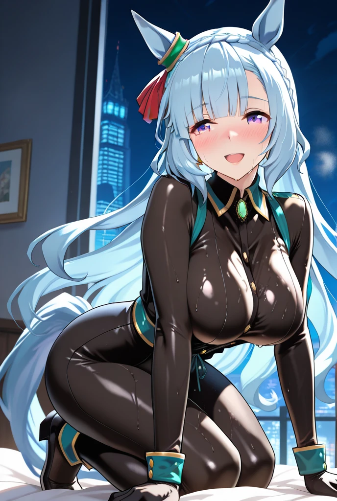 (Masterpiece, High Quality, Top quality, High-Detailed, Detailed CG, Cinematic Shadow, Cinematic Scene, Beautiful Detailed Eyes, Ultra Resolution, Depth of Field), Looking At The Audience, (Blush Expression:1.2), (Smiling Expression:1.2), (Erotic Expression:1.0), (NSFW:1.2), Red Eye, Blue Hair, Five Fingers, Two Hand, Good Composition, Curvy, (White Dress), (Long Sleeves), (Long Dress), (See-through Dress), Thicc Thighs, Thick, Large Breasts, Huge Breast, Outdoors, Dark Theme, Dark Atmosphere