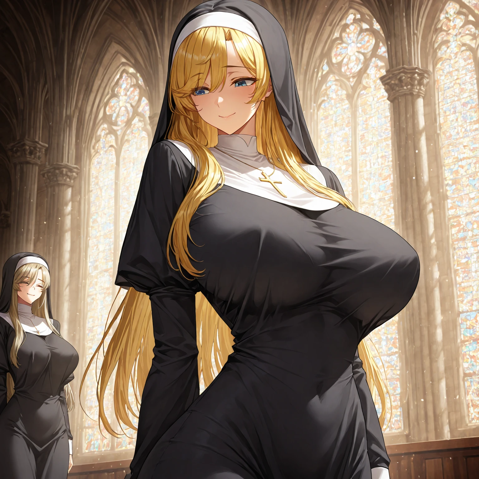 (((Maiden of the Sword))),(Priest),(saint),((Correct Anatomy)),highest quality, High resolution, (Beautiful legs),(Beautiful legs),church,Intense masturbation, blush, Embarrassing, smile,The whole body is sweating,Big Breasts,Ahegao,(Knee-high socks),((Spread your legs wide、Open both knees)),((Blindfold))