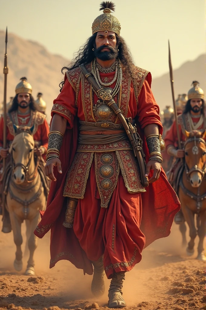 SIKH WARRIOR WITH WEAPONS BACKGOUND WITH DESSERT AND BLOOD HORSES