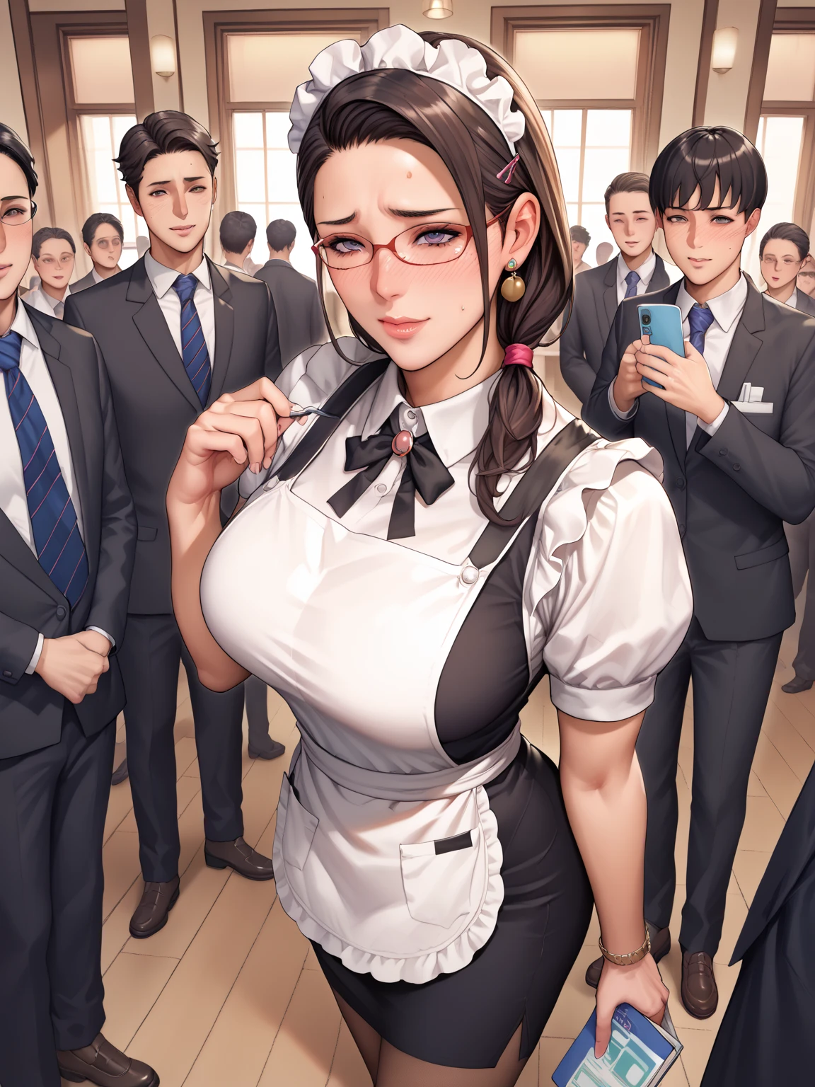 (1lady solo, sitting, office worker), ((black vest:1.1) over sleeveless white dress shirt), mature female, /(dark brown hair/), French twist updo hair, kind smile, (masterpiece best quality:1.2) delicate illustration ultra-detailed, sagging gigantic huge breasts, bowtie BREAK (modern office) indoors, ((reception desk)), (stylish company logo on wall) , detailed background, ((showing hairy armpit hair)), hand behind the head, zoom upper body, thick makeup