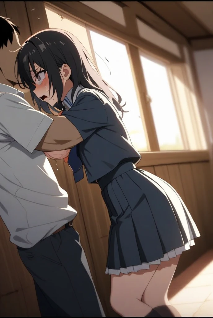 (, Fat middle-aged man:1.2)、Pleated skirt、White shirt、blush、(kiss)、hug、Chamber of Secrets、Very detailed、High resolution、4K、masterpiece、High resolution、(tears:1.5)、(Clothes are see-through:1.2)、(heart:1.3)、(Sex:1.6)、(rape)、(Leaning forward:1.3)、、Black Hair、(Side view)、On all fours