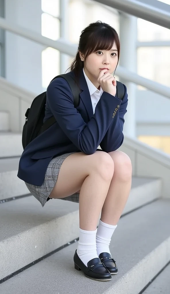 (best quality,4k,8k,highres,masterpiece:1.2),ultra-detailed,(realistic,photorealistic,photo-realistic:1.4), profesional photograph by dubnitskiy david, natural light, portraits, a beautiful young japanese girl, 17 years old, wearing ((dark grey blazer, red necktie, white button shirt, white socks, (black shoeswith red ties), high school uniform: 1.4), very low neckline, exposed cleavage), seductive look, soft glow, elegant beauty, perfect face with soft skinice, detailed blue grey eyes, sexy pose, delicate skin texture, flowing messy hair, lustly expression, sexy posture, collarbone, naturally droopy breast, knees up, sitting with sexy pose, opened legs, (grass field with skyline:1.4), subtle shadows, daylight and clouds background, shallow depth of field, foggyand greeney atmosphere, fine art photography, (close up:1.2), (seen from below:1.4), photon mapping, zoom in