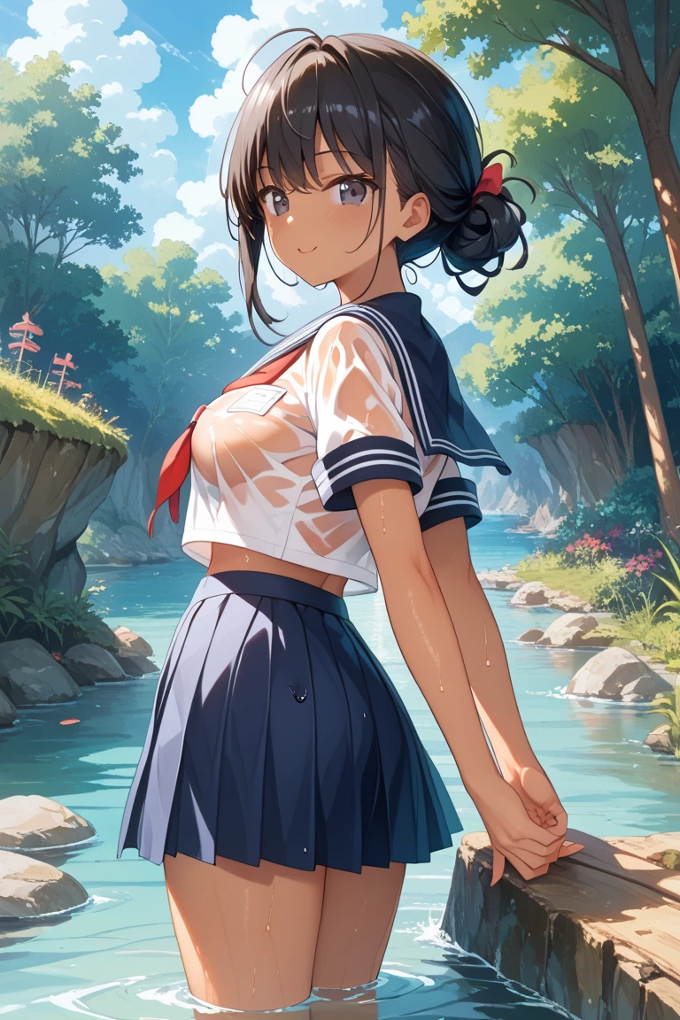 1girl, solo, twintails, looking at viewer, black hair, hair ornament, (medium breasts:1.1),white shirts,red ribbon,Clothes are off
