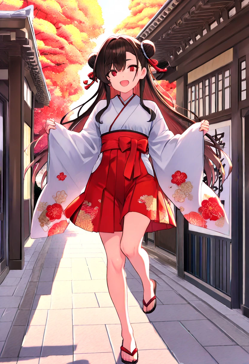 bustling street(Tokyo,Asakusa), Long black hair, She is smiling, mini skirt,looking at the camera, Sunny, Traditional Japanese clothing
