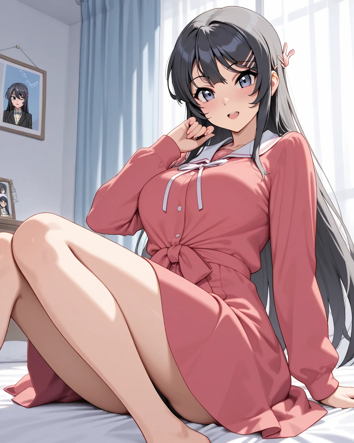 Masterpiece, girl, solo, hair tied up, (black hair with white highlights:1.5), dark purple eyes, tiny boobs, small boobs, pointy breasts, [pink panties], shirt, oversized shirt, baggy shirt, shirt shaping breasts, shirt covering panties, [nipple], modern house, (living room), couch, sitting on the couch, front, holding cup of coffee, smelling cup of coffee, eyes closed, smiling, relaxing, calm and comfortable girl at home, lewd image, vulgar image,