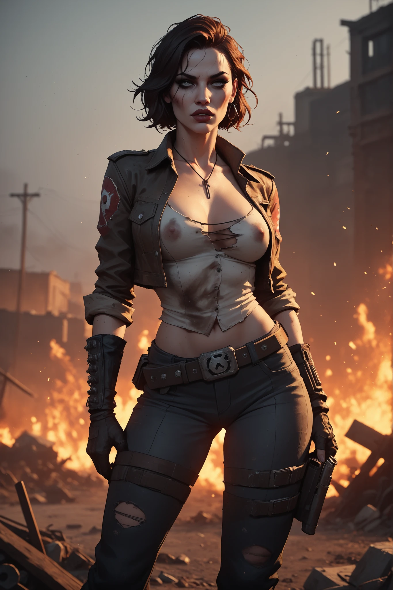 (((Masterpiece))), (((Best Quality: 1.4))), ((Super Detail: 1.4)) , Female, bandit (borderlands), standing, full breast, 4K, 8K, bandit clothes,