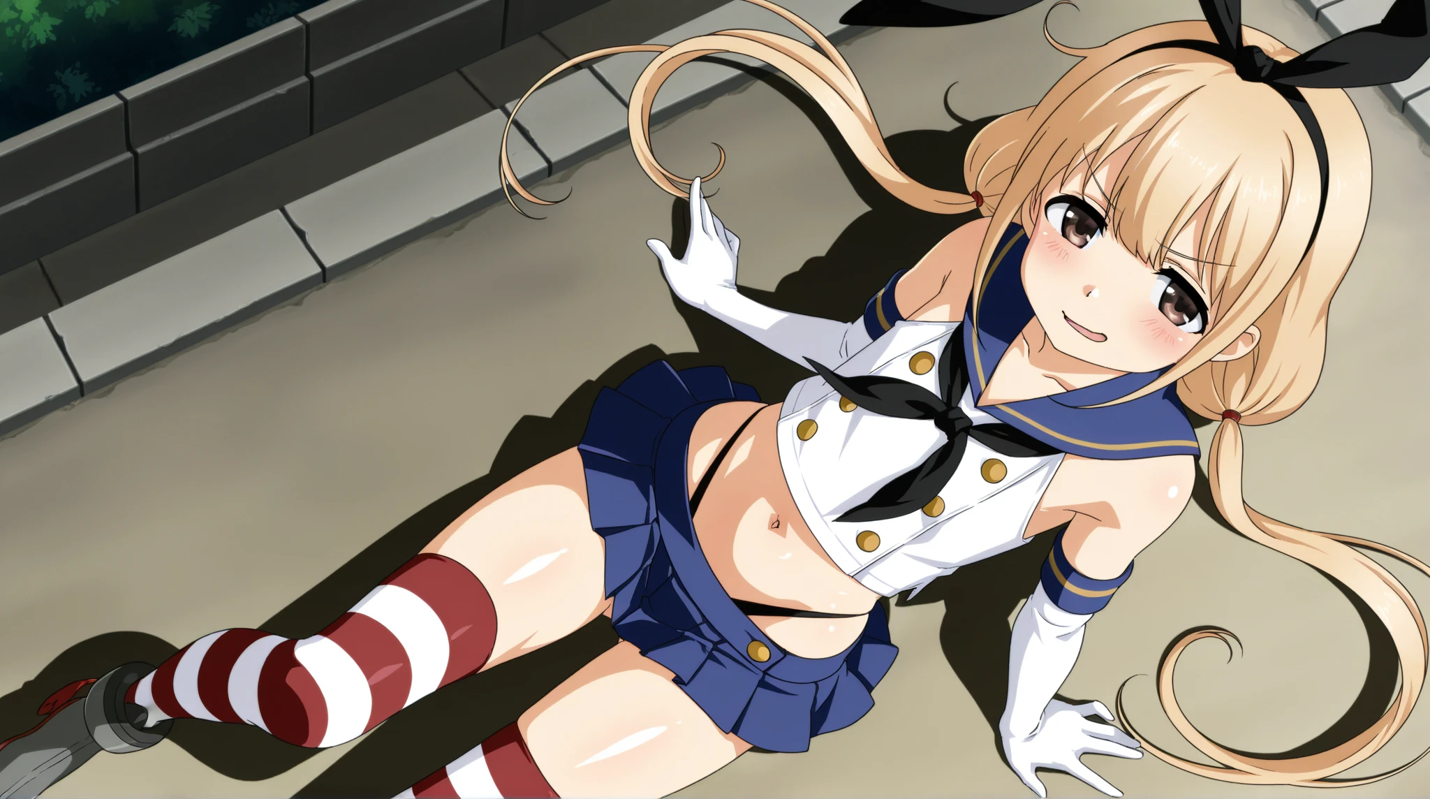 yui tomo dressed as a school girl and fucked by an old man anime-style, 1girl, shimakaze (kancolle), underwear, panties, long hair, solo, blonde hair, gloves, elbow gloves, thighhighs, striped, skirt, striped thighhighs, white gloves, black panties, blush, from below, pussy juice, crop top, highleg panties, highleg, yellow eyes, wedgie, open mouth