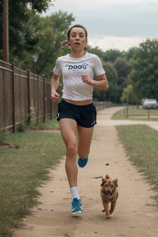 A sexy girl blonde hair with a dog running in a park.