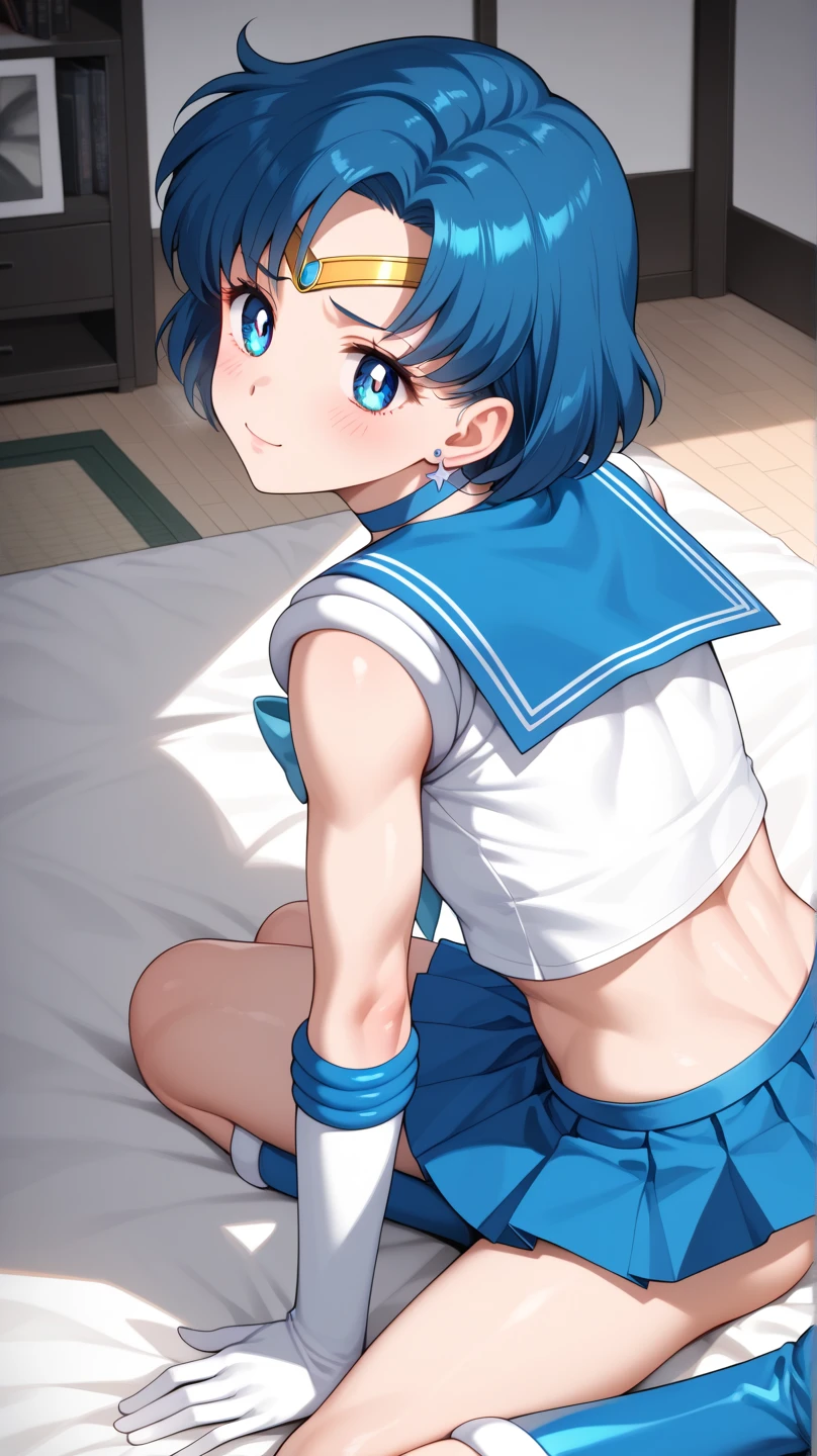 Ami Mizuno、Sailor Mercury、Sailor Senshi Uniform、Blue choker、white glove、Anime Boy、Junior high school boys、gender change、gender change(Girls to boys)、Blue sailor collar、Sky blue ribbon at chest、White leotard、Very short blue-haired boy、elbowgloves、a blue skirt、solo、Blue-eyed boy、耳Nipple Ring、jewelry、Blue knee boots、skirt、rating:safe、blue_bow、looking_at_viewer、highleg leotard、boots、open_mouth、bow、ass、lying、blush、collarbone、pleatedskirt、smile、bangs、shiny、circlet、robe blanche、thighs、shiny_skin、eyebrows_visible_through_hair、bed_sheet、Magical Boy、on_back、a miniskirt、pillow、shiny_hair、Leotila、