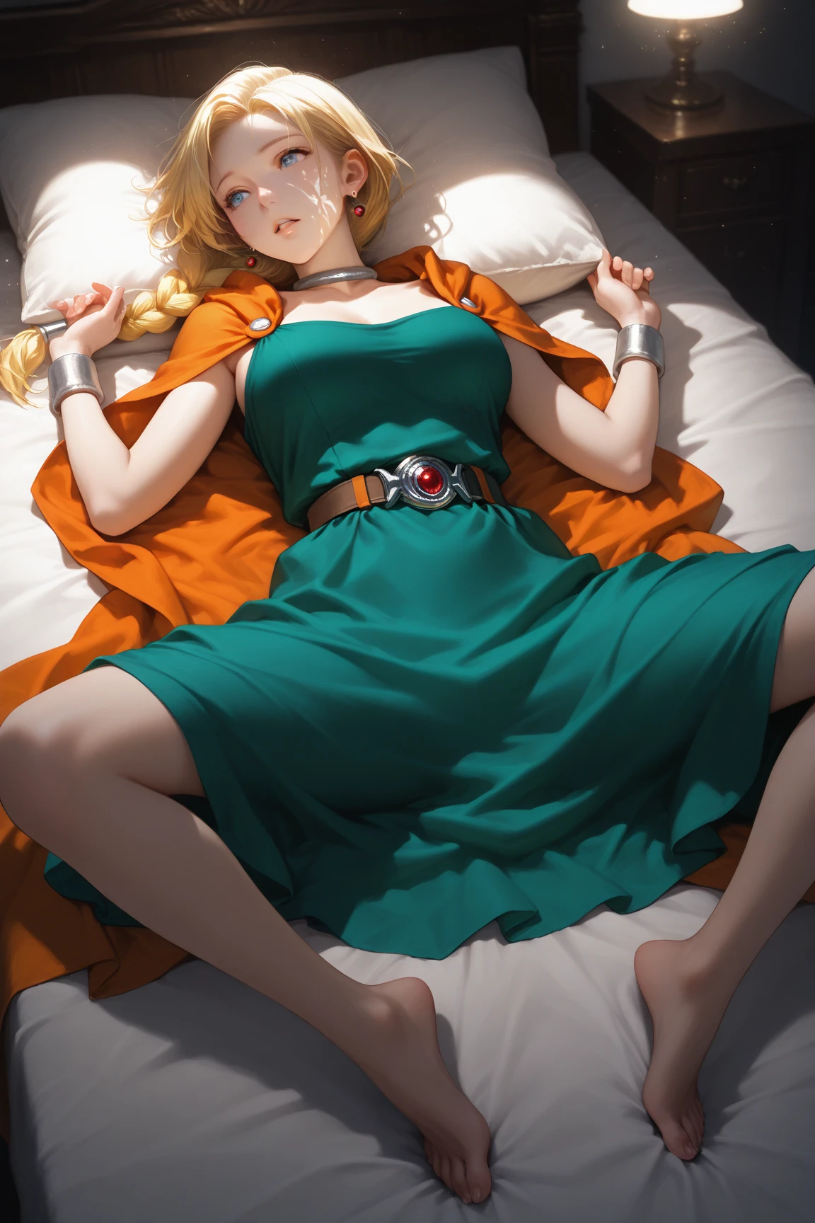 Perfect illustration、Professional illustrations、Cinematic lighting、Highly detailed drawing、Detailed face、Detailed eyes、One person、woman、Beauty、Bianca in Dragon Quest 5、Lying on your back、Falling、Torn clothes、Dirty clothes、Blonde、Braided Hair、Green dress、Orange Cape、Earrings、necklace、boots、Sweat all over、shame、I'm embarrassed and my face is red、Tears from the eyes、Translucent Slime、rape、sexy、Best Shot、Top view、nsfw