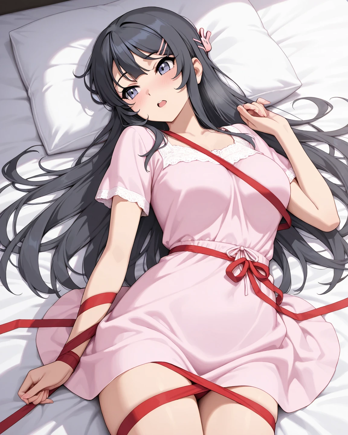 1girl,(bright lighting,romantic setting),dreamy background,,dark hair, mesmerizing gaze, , soft skin, alluring beauty, artistic portrait, high-quality image, vibrant colors,long pink floral sheer skirt, mosquito net, romantic bedroom, sidesuspension,solobound,blindfold,gag