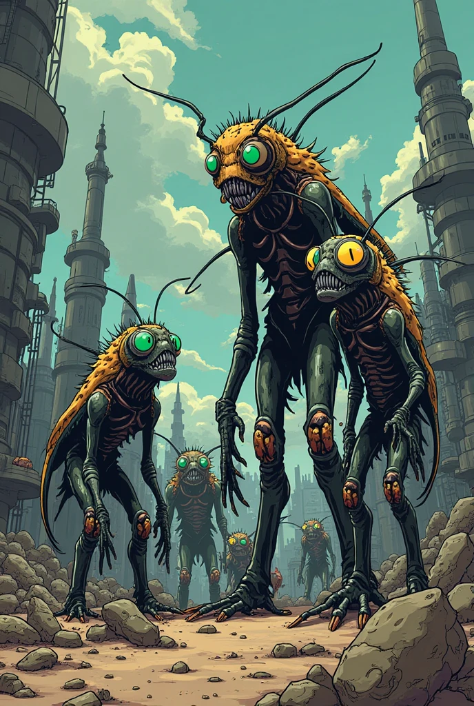 a giant insect attacking people on a street in the style marsattacks