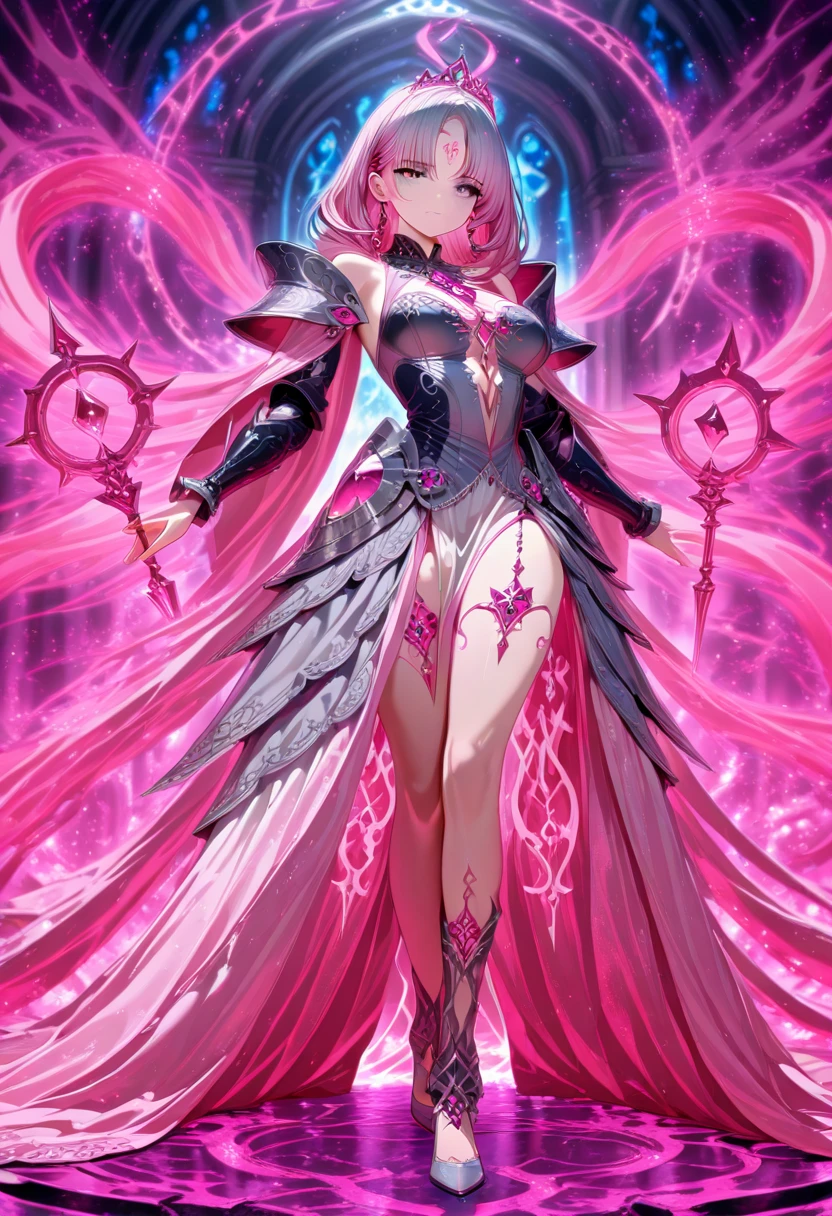 Generate the same character as the image, Full HD, 4K, no blur, High definition, keep the color mix of red, blackw, and pink, neon lights around, the loli anime style character, change the character's clothes,