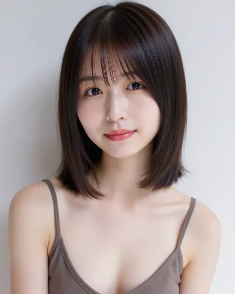 (Highly realistic photos, High resolution), Skinny Japanese woman, 14 years old, Cute Face, Detailed face, fine grain, Mr..々Hairstyle, Slim figure, correct body anatomy, ((Look straight ahead)), Facing the camera directly, A single photo, A photo capturing a perfect moment of beauty and intelligence, ((Simple Background))、((nude)),((Completely naked))、whole body、small, flat, underdeveloped udder、Smiling with mouth closed、basketball club