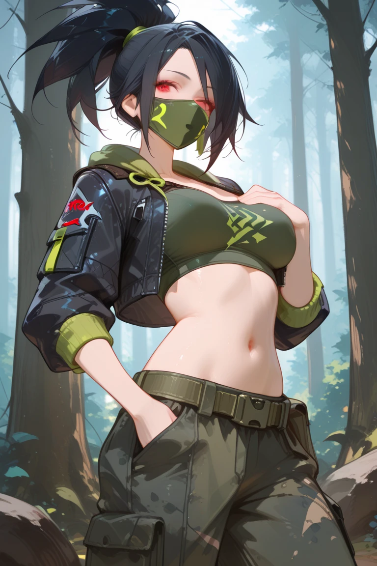 Ninja Girl, kunoichi, big breasts, Brown hair, green sleeveless vest, Large neckline on the chest, You can see the navel, black shorts, photorealistic, Best quality, ultra HD, 8k quality